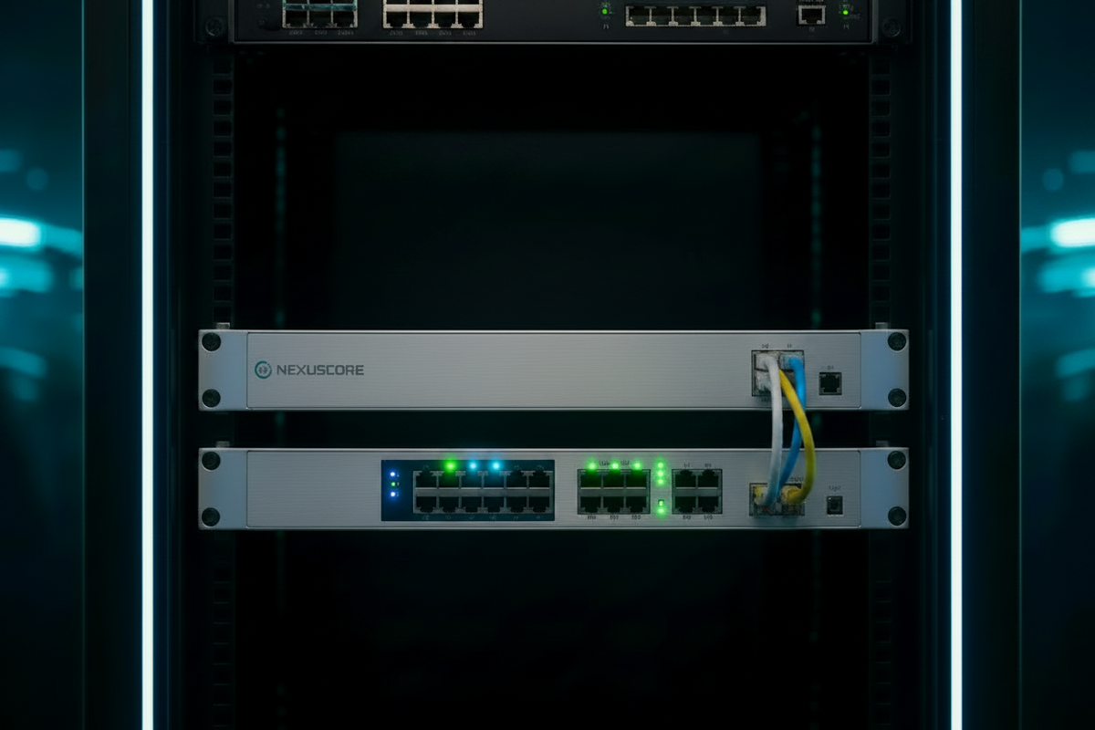 Enterprise network router stacked vertically inside a black server rack, with blue and green indicator lights illuminated. 