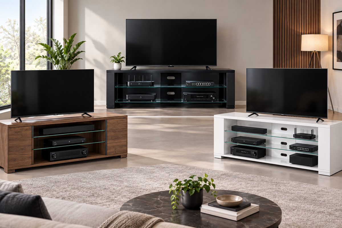 Selection of TV stands and media consoles with illuminated glass shelves, shown holding streaming devices and a receivers.