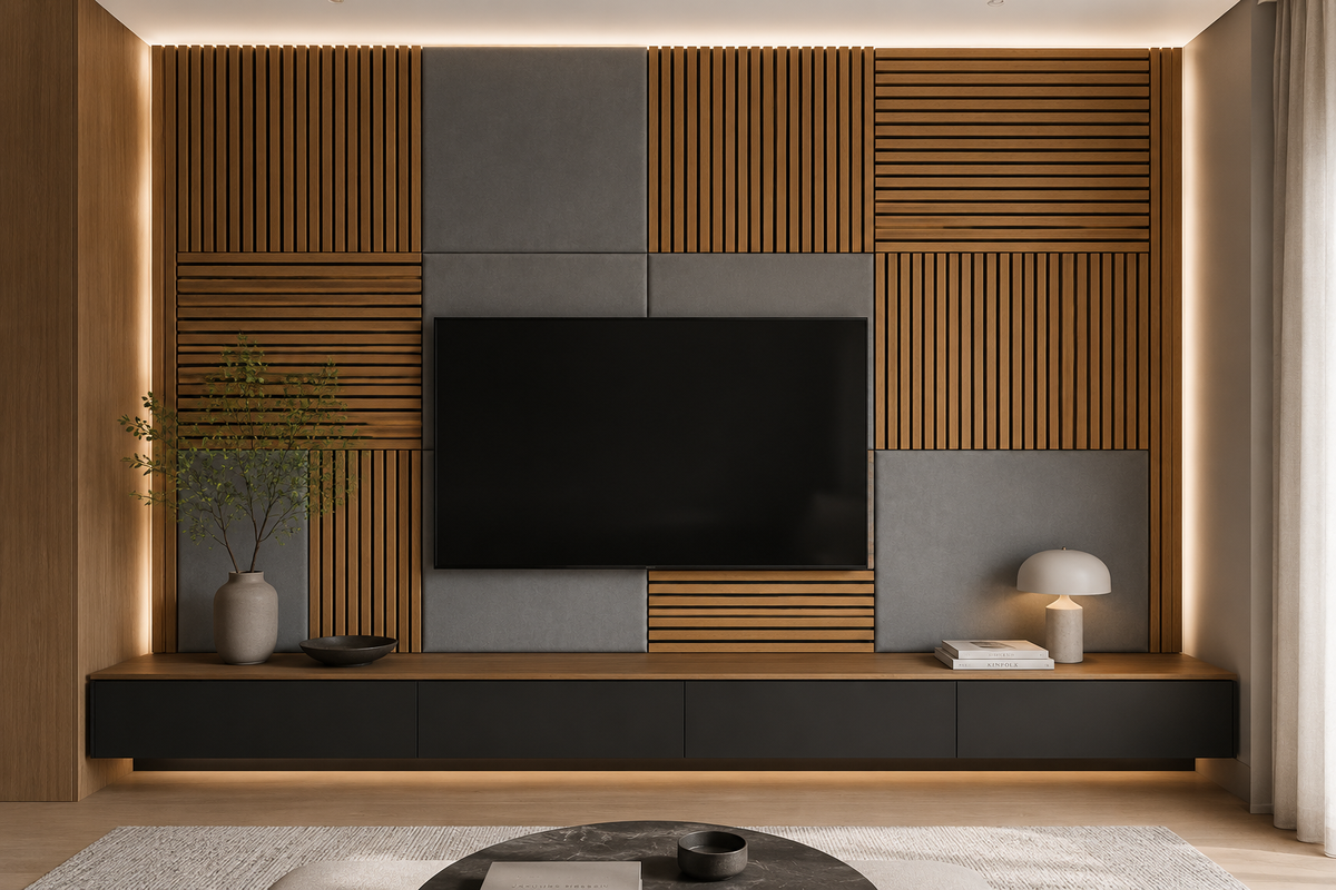 Modern Sound Absorbing Decorative Wall Panels Teak&Grey (1.44 m2 - 15.5 sq ft) 4-Pack