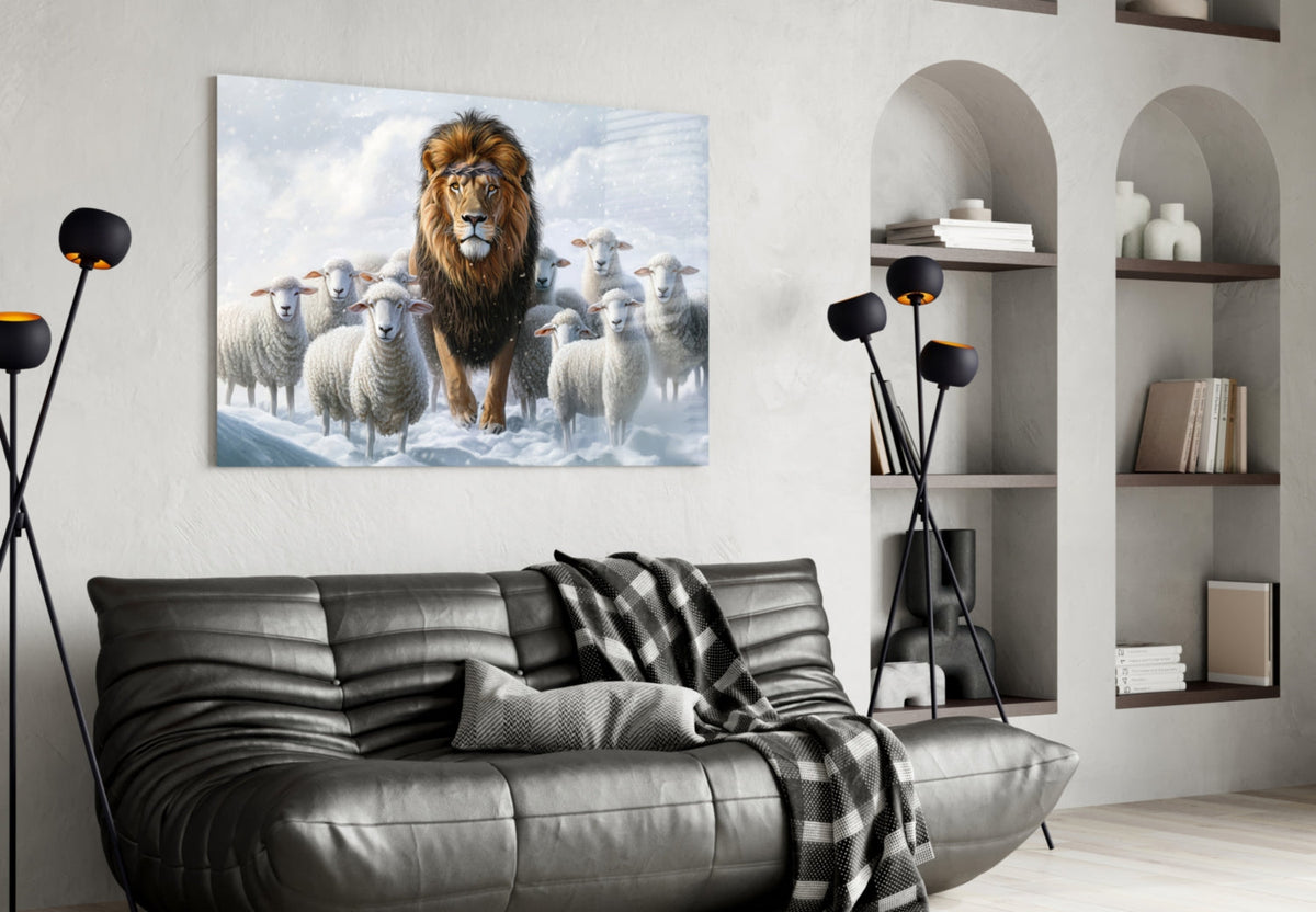 The Lion and the Lambs: Snowy Kingdom Glass Wall Art || Designer Collection