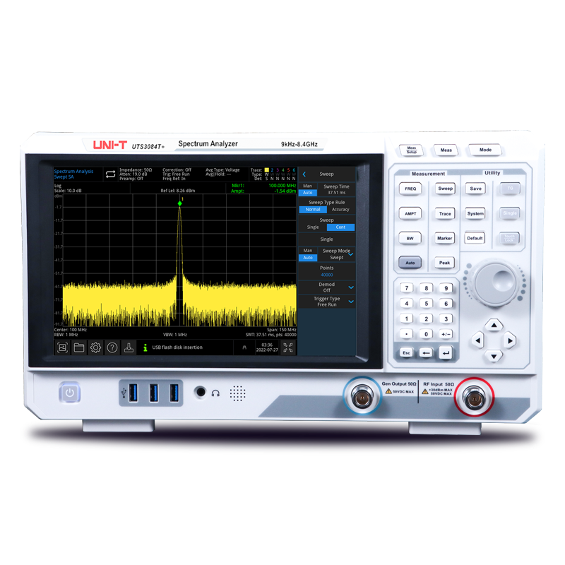UNI-T 9kHz-8.4GHz spectrum analyzer with digital display and control panel