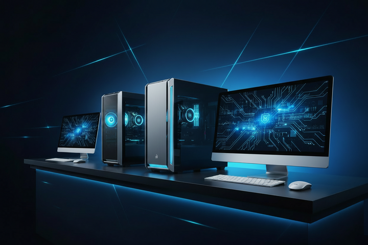 A row of desktop computers and monitors arranged on a dark desk with glowing blue underlight and circuit-board graphics on the screens, set against a dark blue background with abstract light streaks.