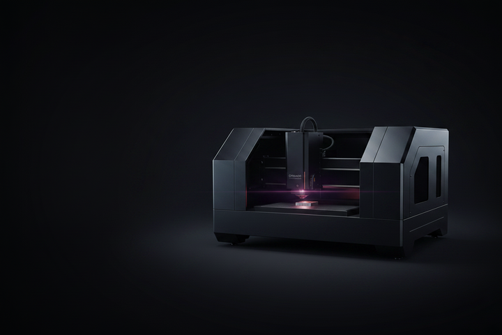 A dark gray and black 3D printer with a glowing purple laser beam, shown in a studio setting against a dark background.