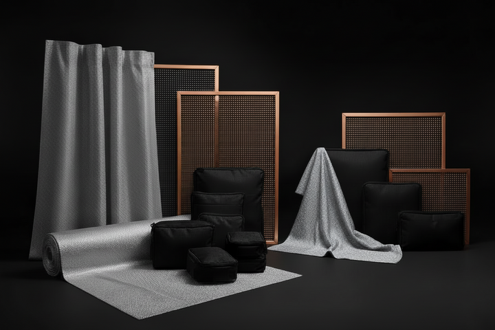 A dark gray textured curtain and matching rolled mat with black storage bags and mesh copper panels, arranged on a dark background.