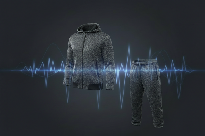 A dark gray textured zip-up hoodie and matching jogger pants set against a dark background with a blue frequency graphic.