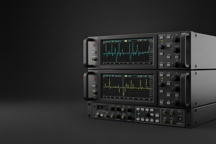 Two stacked digital oscilloscopes with active screens displaying blue and yellow waveforms, set against a dark gray studio background.