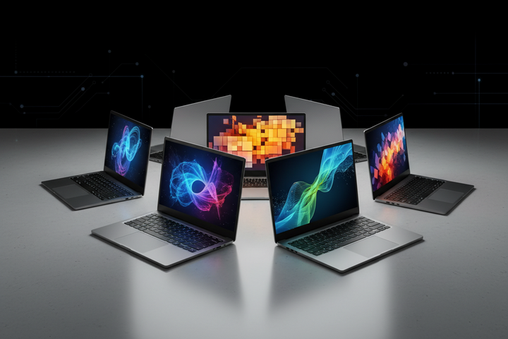 Six silver laptops arranged in a semi-circle on a reflective gray surface against a dark background. The screens are turned on and display colorful abstract wallpapers.