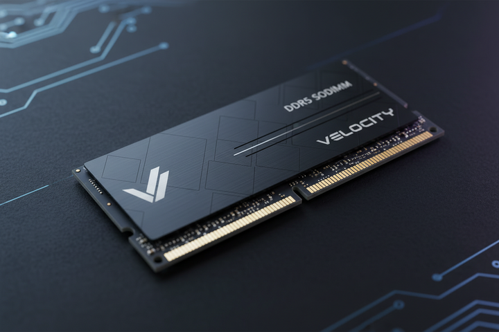 A high-performance DDR5 5000MHz RAM module with a black custom heat spreader featuring geometric patterns, resting on a dark circuit-board-patterned surface.