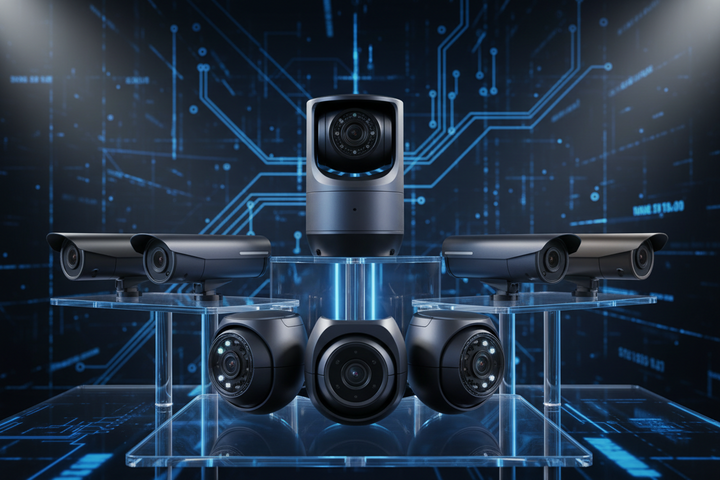 Six black security cameras of various types and sizes arranged on clear acrylic stands against a blue digital circuit board background.