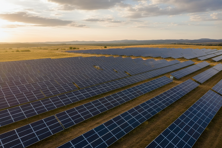 Aerial view of a large solar farm with rows of dark blue solar panels installed in a grassy field under a cloudy sky at sunset.