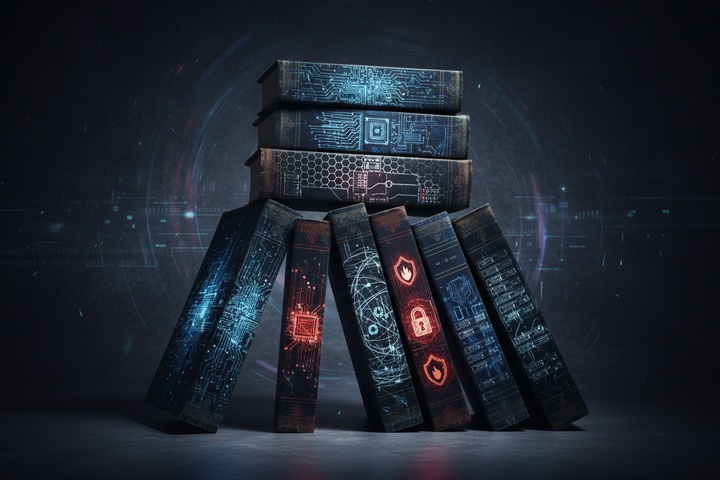 A stack of hardcover books with glowing blue, red, and orange digital interface graphics on the spines, arranged on a dark surface against a circular background.