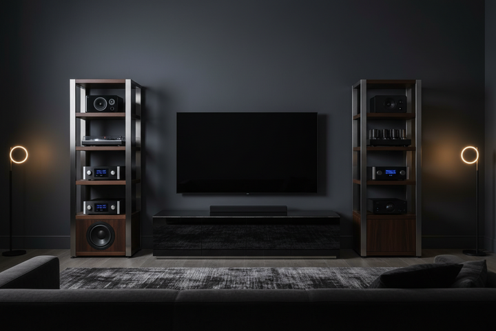 A modern home theater setup featuring a black TV and soundbar on a glossy black console, flanked by two tall wooden and metal speaker shelves, with floor lamps on a dark gray wall.