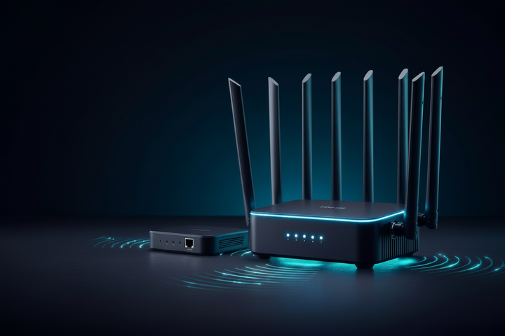 A dark blue multi-antenna wireless router with glowing cyan LED indicators and wave graphics, shown alongside a matching small device on a dark studio background.